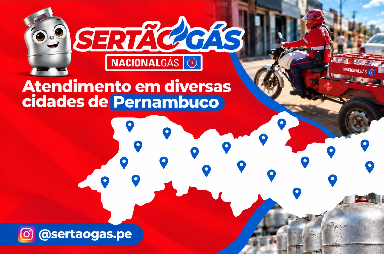 Sertão Gás: atendimento em diversas cidades de Pernambuco, com entregador de moto e mapa do estado