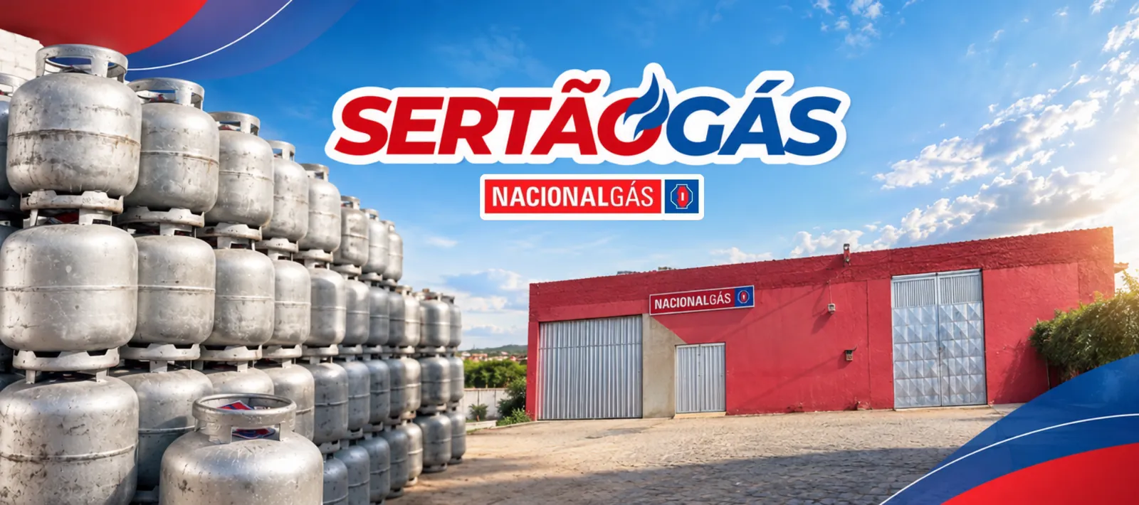Sertão Gás, revenda Nacional Gás, com estoque de botijões e fachada da loja em Salgueiro, Pernambuco