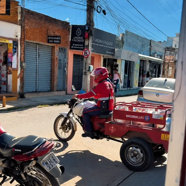 Entregador da Sertão Gás saindo de moto com botijões pelas ruas de Salgueiro